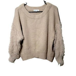 Global Work Japan Sweater M Tan Stretch Eyelash Knit Sleeve Quiet Luxury Classic